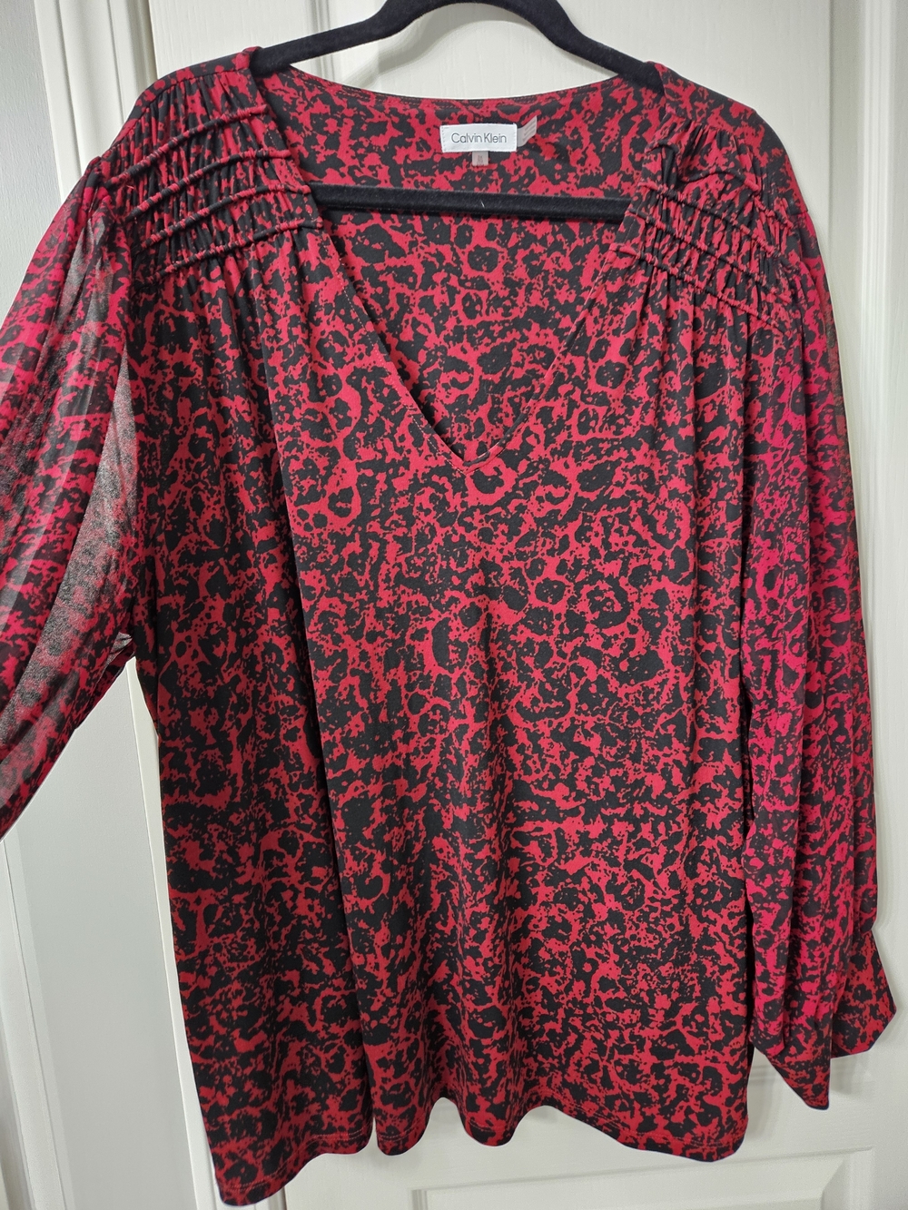 Calvin Klein Red and Black Abstract Printed V-Neck Long-Sleeve Top